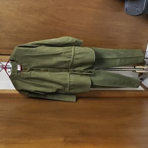 Olive green faux suede tie waist tunic and elastic waist pants.